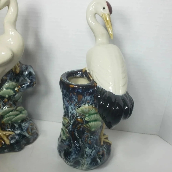 VTG,Majolica Marsh  Egret Birds set of 2 Stork/Heron Vase. - Picture 3 of 13